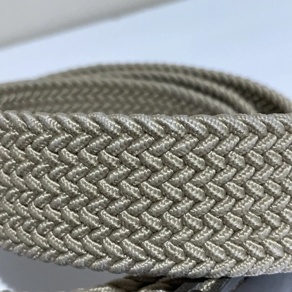 Vintage Cotton Rope Braided Belt Faux Leather Trim Men's XL Beige Metal Buckle